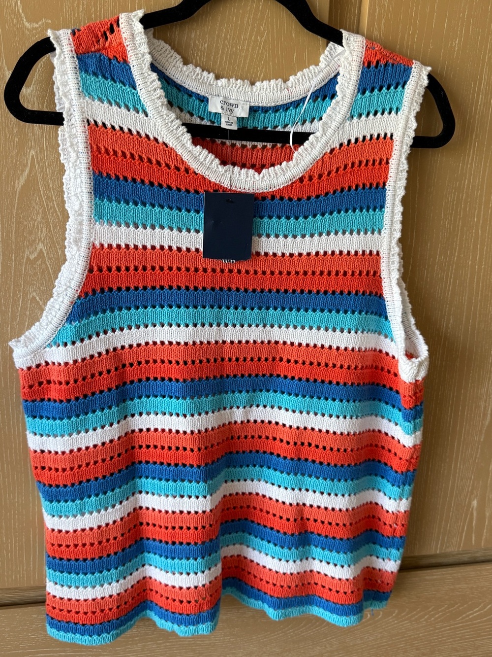 Croft & ivy  Striped Crochet Tank Top - White, Coral & Blue size L